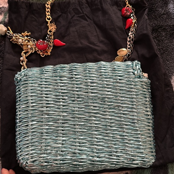 NEW! Dolce & Gabbana Metallic Blue Coated Raffia Embellished Chain Shoulder Bag - Picture 5 of 6